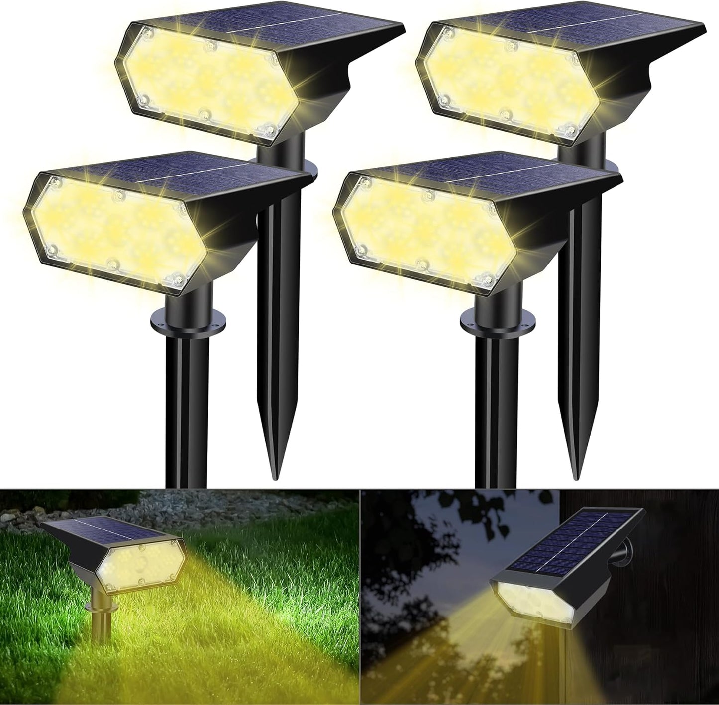 Solar Spot Lights Outdoor Waterproof IP65, 49 LED Solar Lights for Outside, 2 Brightness Modes Solar Powered Garden Yard Landscape Spotlights for Walkway, Driveway Decorations (4 Pack-Warm White)