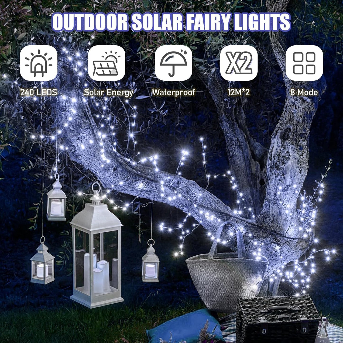 Solar Fairy Lights Outdoor, 2 Pack Total 240 LED Solar String Lights, 8 Modes Solar Twinkle Lights Outdoor Waterproof, Copper Wire Lights for Garden Tree Yard Party Christmas Decorations (Cool White)