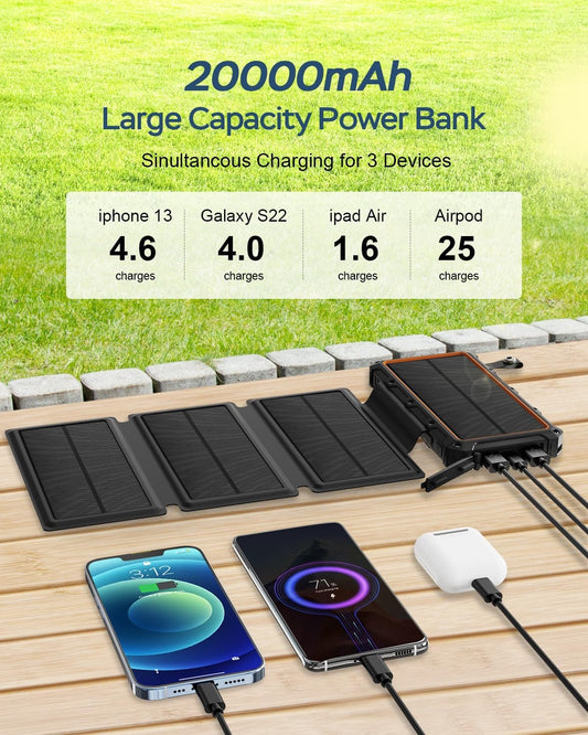 Solar Charger 20000mAh Solar Power Bank with Dual 3A Outputs USB C Fast Charging Portable Charger, 4 Solar Panels External Battery Waterproof and Flashlights for Phone,Tablet,Outdoor,Camping (Orange)