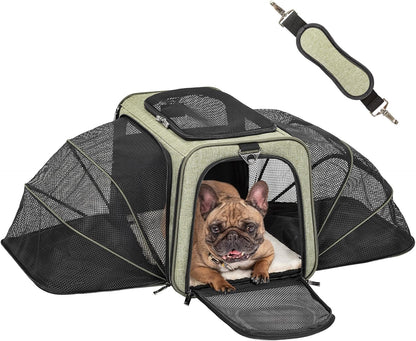 Petsfit Expandable Cat Dog Carrier Airline Approved, 17" L x 11" W x 11" H Soft-Sided Portable Pet Travel Carrier for Kitten, Puppy, Removable Soft Plush Mat and Pockets, Auto-Locking Zippers