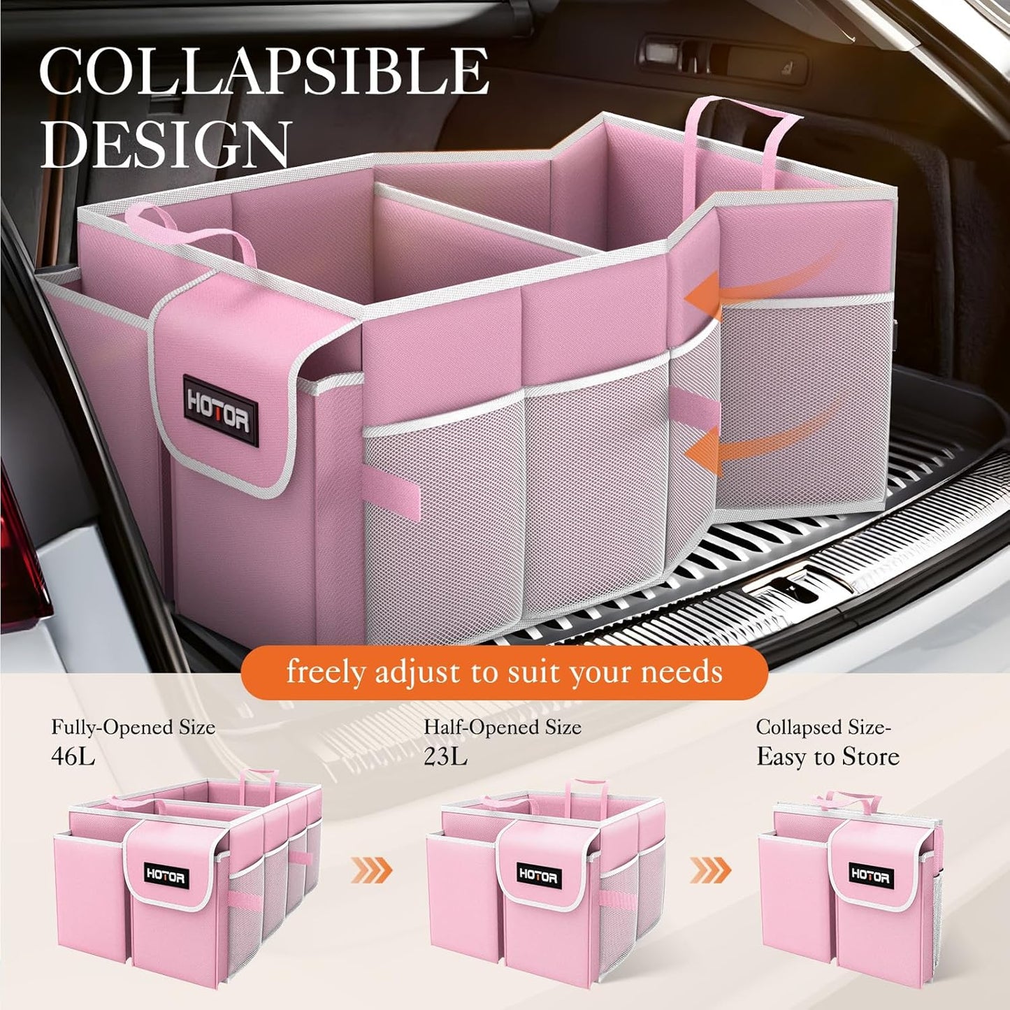 HOTOR Trunk Organizer - Car Organizer, Foldable Trunk organizer for SUVs & Sedans, Car Accessories, Tools, Sundries, 2 Compartments, Black