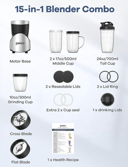 Smoothie Blender, Ganiza Blenders for Smoothies with 15-Piece Blender and Grinder Combo, 4 BPA-Free Personal Blender Cup, for Shakes, Protein Drinks, Fruit Vegetable Drink, Nuts, Spices, Coffee Beans