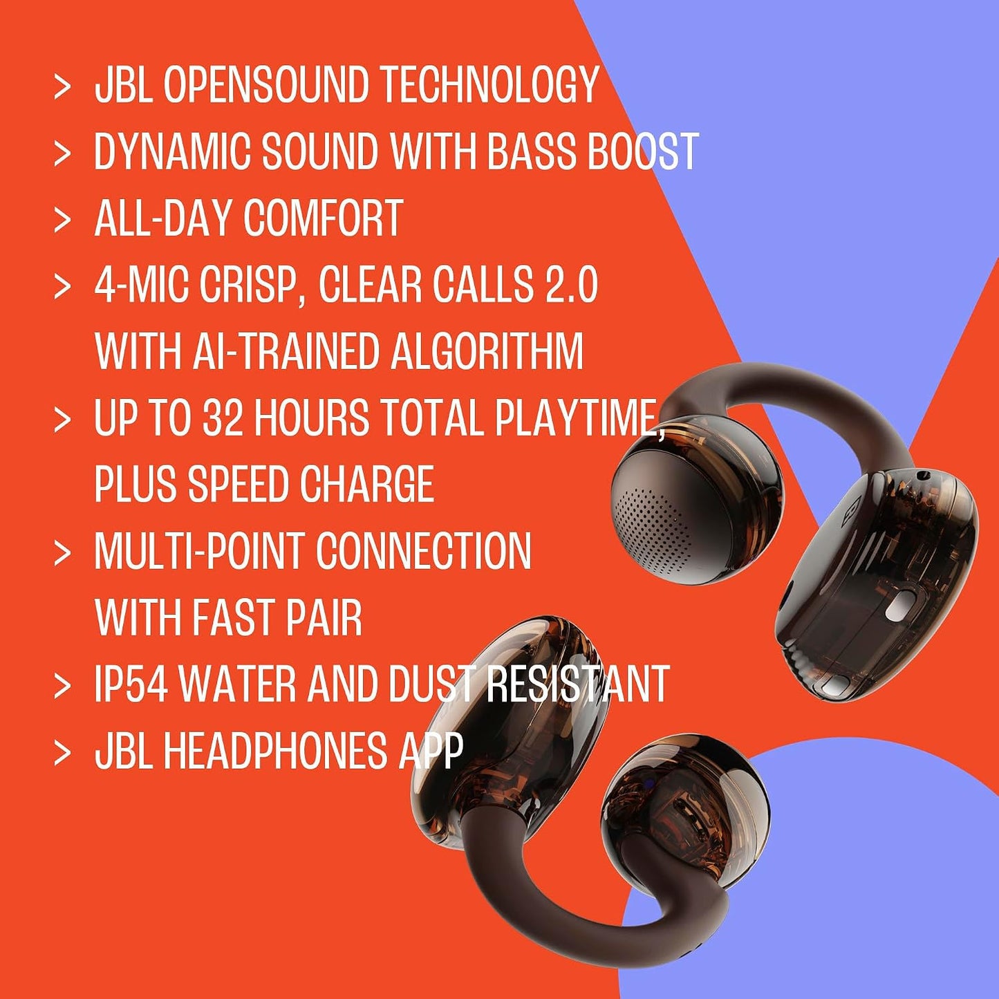 JBL Soundgear Clips - True Wireless Open-Ear Headphones, Dynamic Sound with Bass Boost, All-Day Comfort, 4-mic Crisp, Clear Calls 2.0 with AI-Trained Algorithm, IP54 Water and Dust Resistant (Purple)