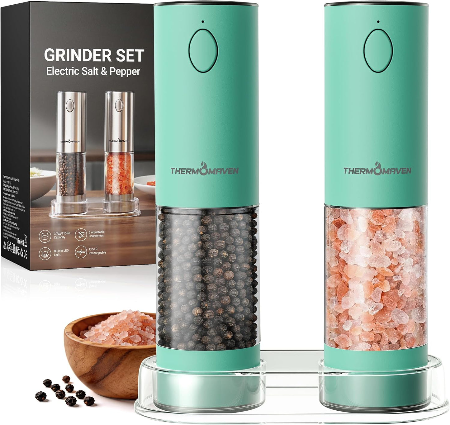 ThermoMaven Electric Salt and Pepper Grinder Set, 110ml Larger Rechargeable Automatic Salt and Pepper Mill Grinder with 6 Adjustable Coarseness, Electric Salt and Pepper Shakers, LED, 2 Packs, Silver