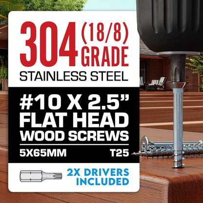 #10 x 3 Inch Stainless Steel Deck Screws 350 Pieces | T25 Star Torx Drive Flat Head | 304 Grade Stainless Steel Wood Screws High Corrosion Resistance by Allen's Trading Co. Eagle Claw Fasteners