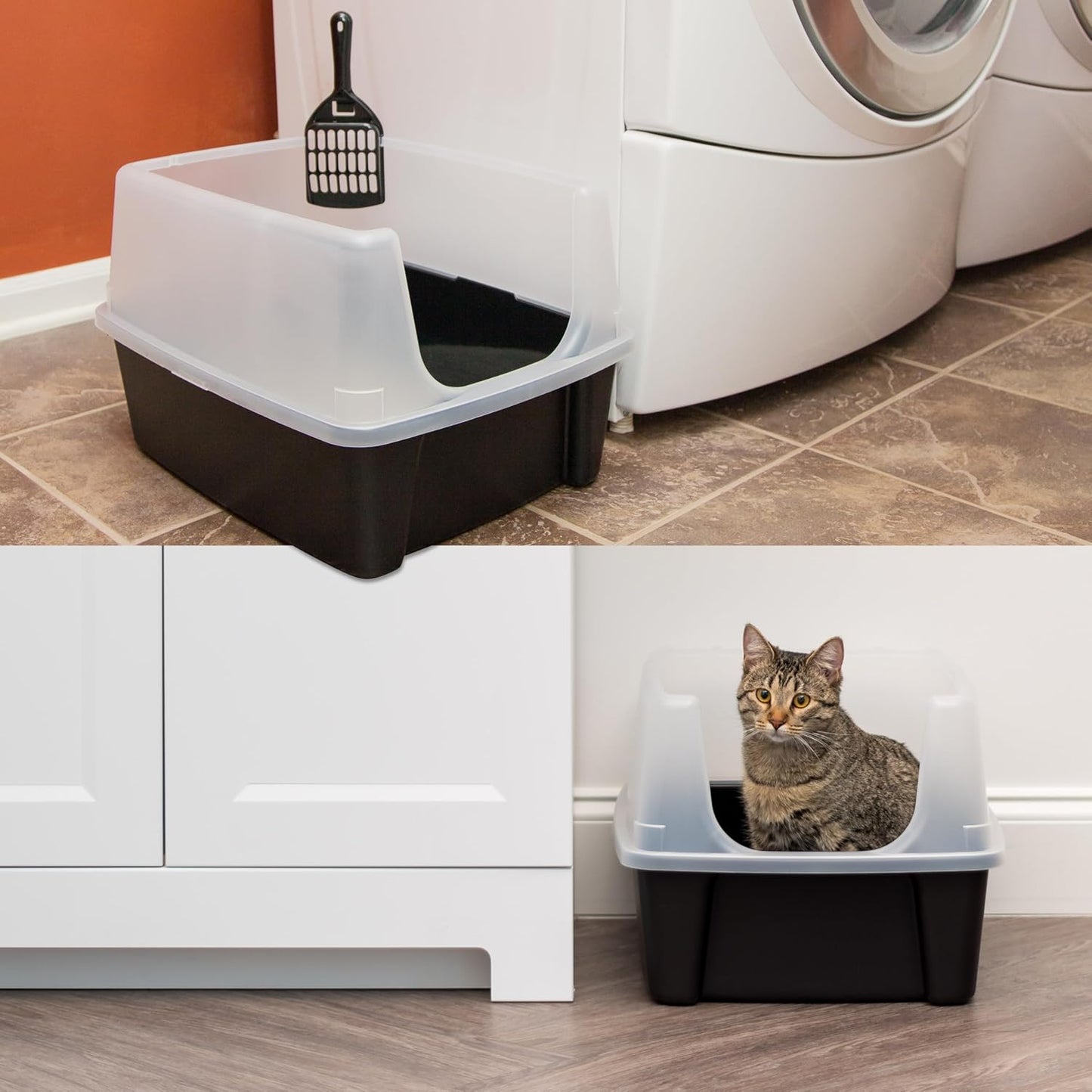IRIS USA Top Entry Cat Litter Box with Scoop - Large - Stylish Enclosed Round Oval Kitty Dog Proof Box, Litiere Pour Chat Bac - White/Beige
