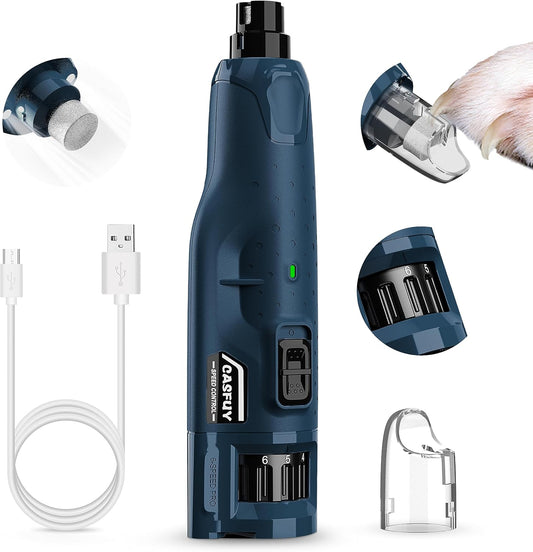 Casfuy Dog Nail Grinder Quiet - (45db)6-Speed Pet Nail Grinder with 2 LED Lights for Large Medium Small Puppy Dogs/Cats, Professional 3 Ports Rechargeable Electric Dog Nail Trimmer with Dust Cap(Blue)