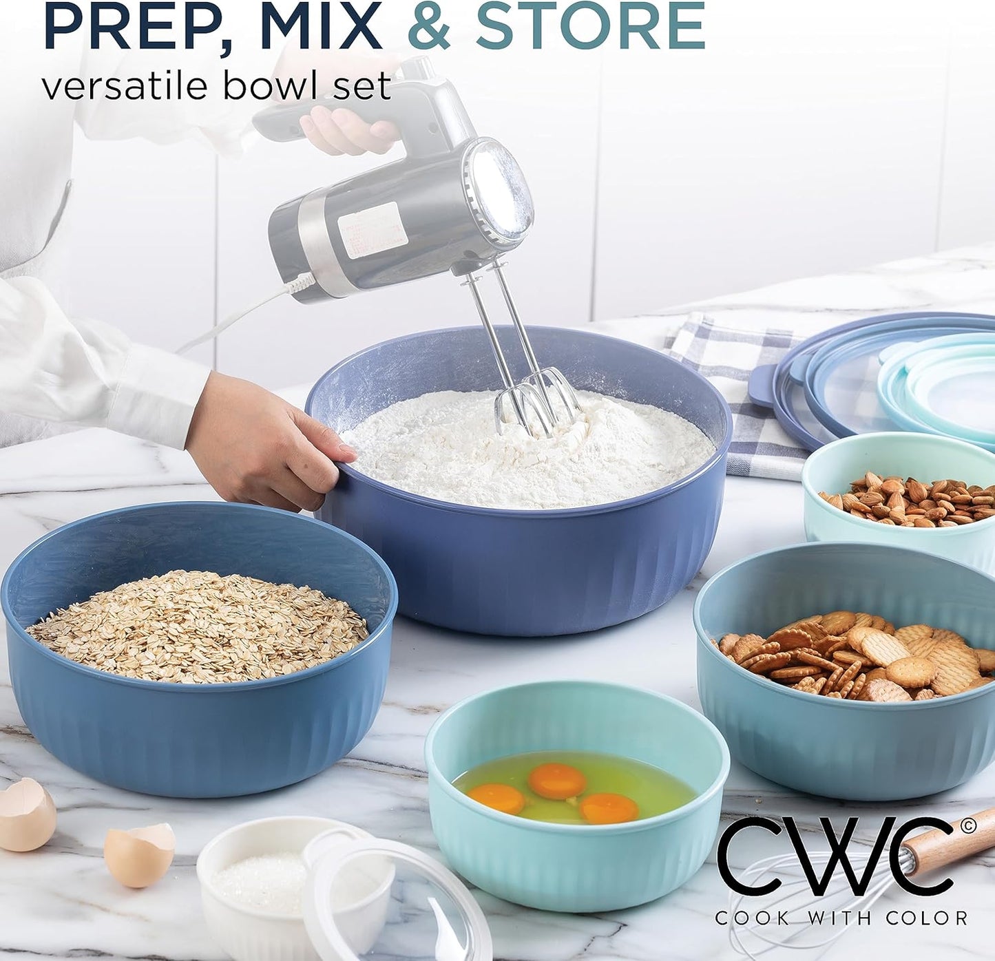 COOK WITH COLOR Prep Bowls with Lids- 8 Piece Nesting Plastic Small Mixing Bowl Set with Lids (Teal Ombre)