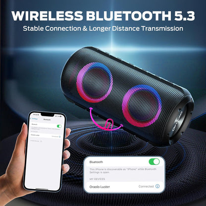 Oraolo Bluetooth Speaker 24W, Portable Speaker with RGB Lights, Stereo Sound, Bluetooth 5.3, 24H Playtime, IPX6 Waterproof, AUX-in, Speaker for Outdoor Camping