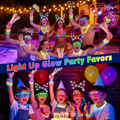 156Pcs Glow In The Dark Party Supplies for Kids/Adults, Light Up Accessories LED Bracelet Necklaces Glasses Headband Glow Sticks Bulk Party Pack Neon Disco Birthday Pool Summer Party Decorations