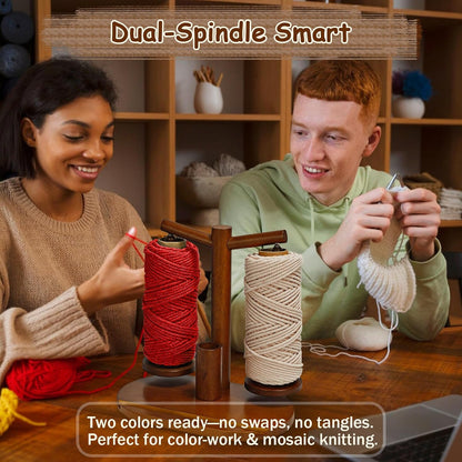 Wooden Yarn Holder for Crocheting and Knitting (Brown) | Upgraded Magnetic Rotating Spinner with 2 Spindles, Ideal Gift for Craft Enthusiasts
