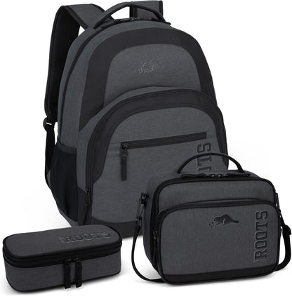 Roots Athletic 3-in-1 Matching Water Resistant Teen Backpack and Lunch Bag Set with Bonus Pencil Case - Made from 100% Recycled Fabrics - 34 litres, Blue Black Navy Camo, XL