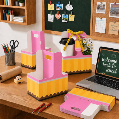 24 Set Back to School Teacher Gifts 2 Cup Drink Carrier with Greeting Card Ribbon Wooden Push Pins, Teacher Cup Holders with Handle for First Day of School Supplies Party Favors Gift