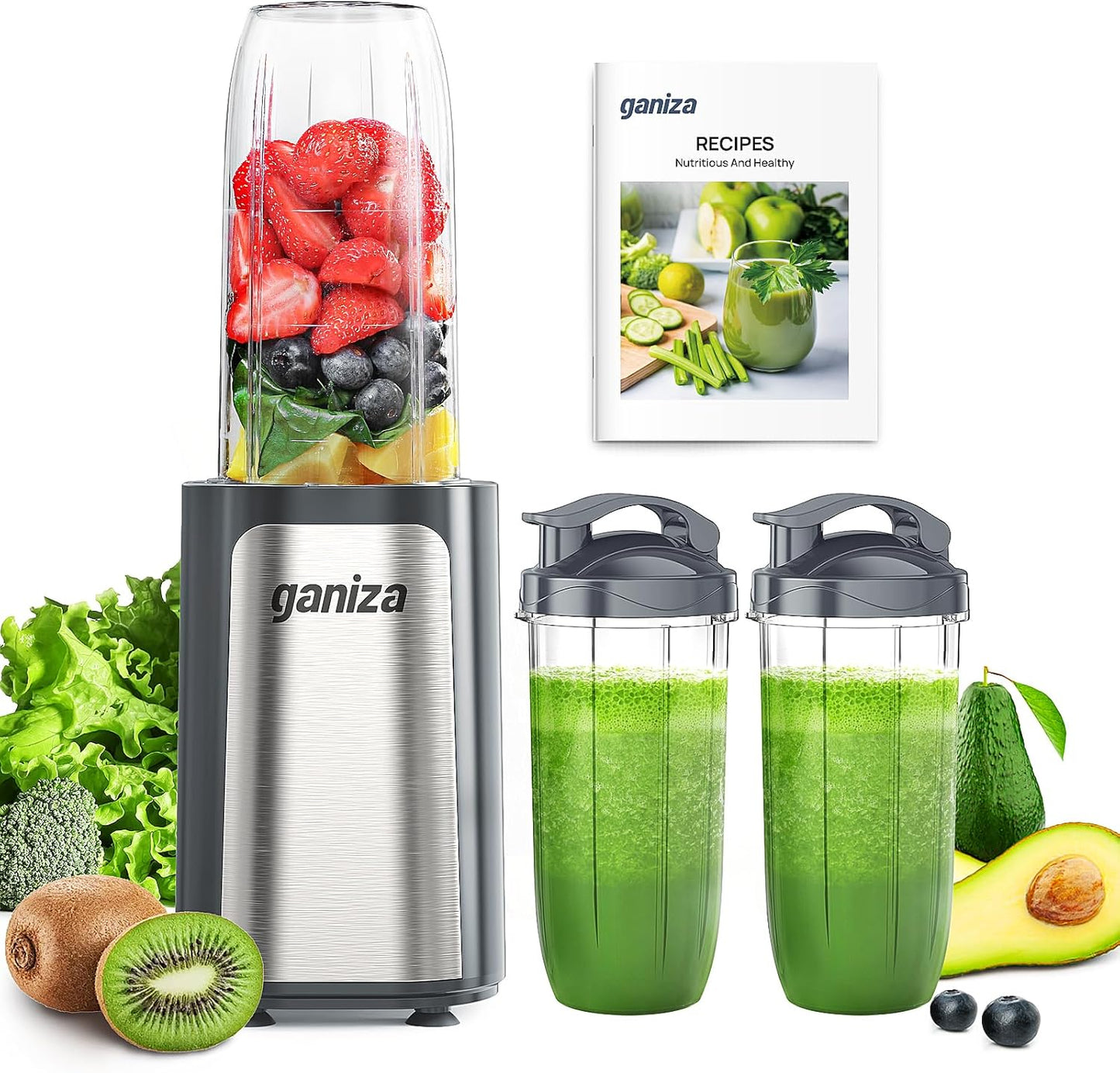 Ganiza Blender for Smoothie, 14 Pcs Smoothie Blender for Kitchen, Countertop Blender with 3 Non-BPA Portable Blender Cup and Cleaning Brush for Baby Food, Shakes, Vegetable, Nutritious Recipe