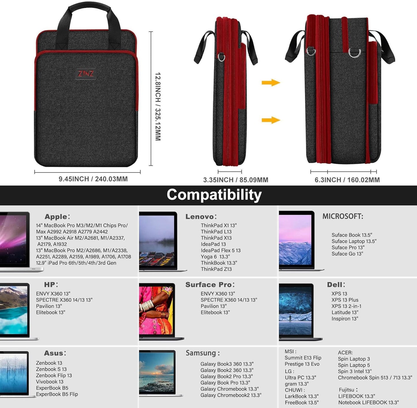 ZINZ Slim & Expandable Case 12.9 13 inch Travel Laptop Shoulder Bag for MacBook Air 13" M3/M2/M1, MacBook Pro 13" M2/M1, iPad Pro 12.9"/13"/11", iPad Air 13",L01G03 - PuriLite