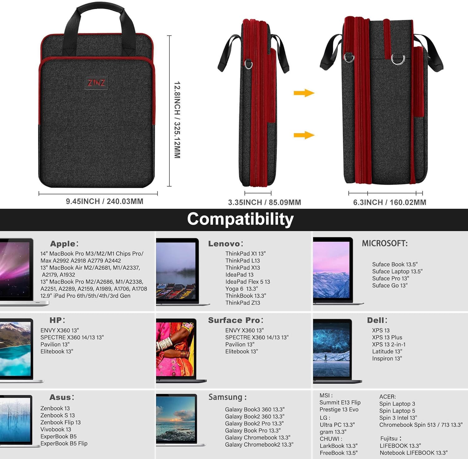 ZINZ Slim & Expandable Case 12.9 13 inch Travel Laptop Shoulder Bag for MacBook Air 13" M3/M2/M1, MacBook Pro 13" M2/M1, iPad Pro 12.9"/13"/11", iPad Air 13",L01G03 - PuriLite