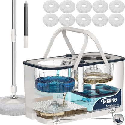 RinseWise Spin Mop and Bucket Separate Clean and DirtyWater, Mop and Bucket with Wringer Set, 4-Chamber Commercial Spinning Mopping Bucket Cleaning Supplies with 8 Microfiber Replacement Head Refills