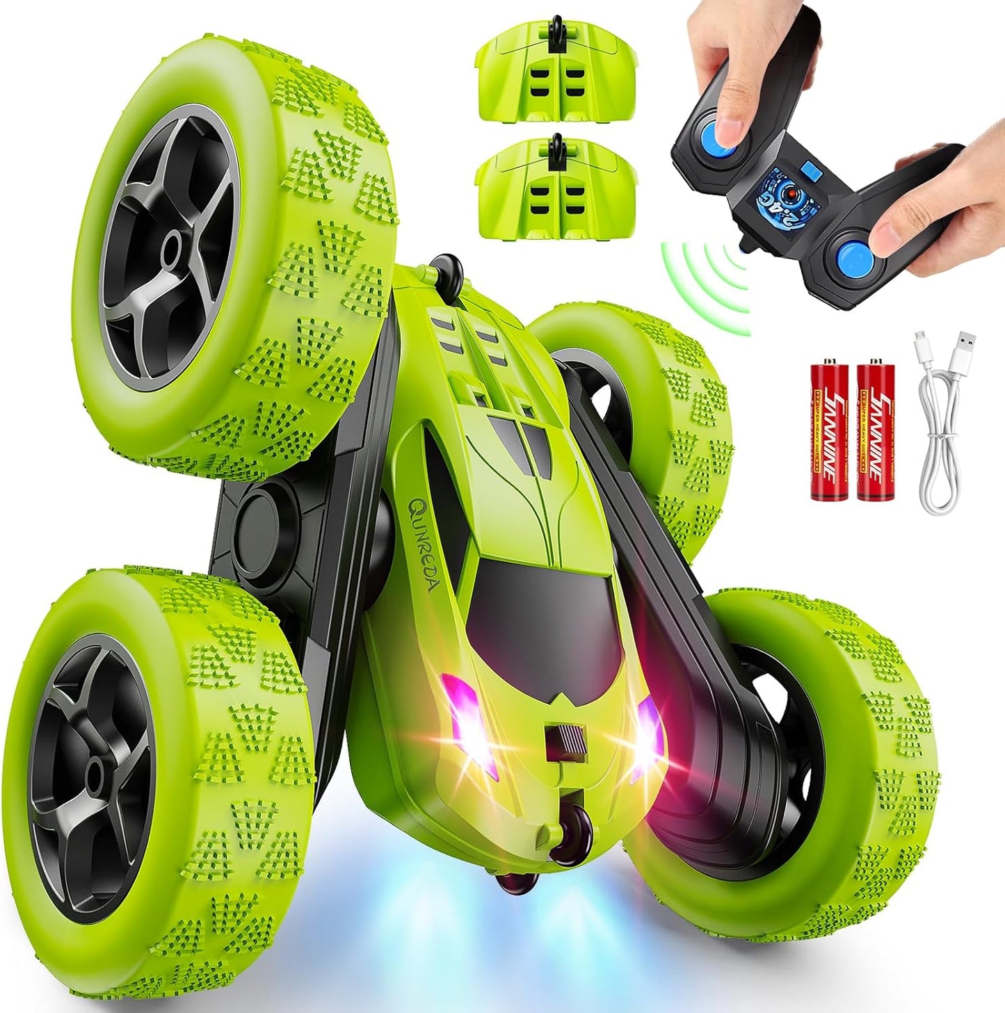 QUNREDA Remote Control Car for Kids Ages 6+, RC Cars Stunt Car Toy 4WD Double Sided 360° Rotating Remote Control with Headlights, Birthday Xmas Gifts for Boys 6 7 8 9 10 11 12 1-Blue