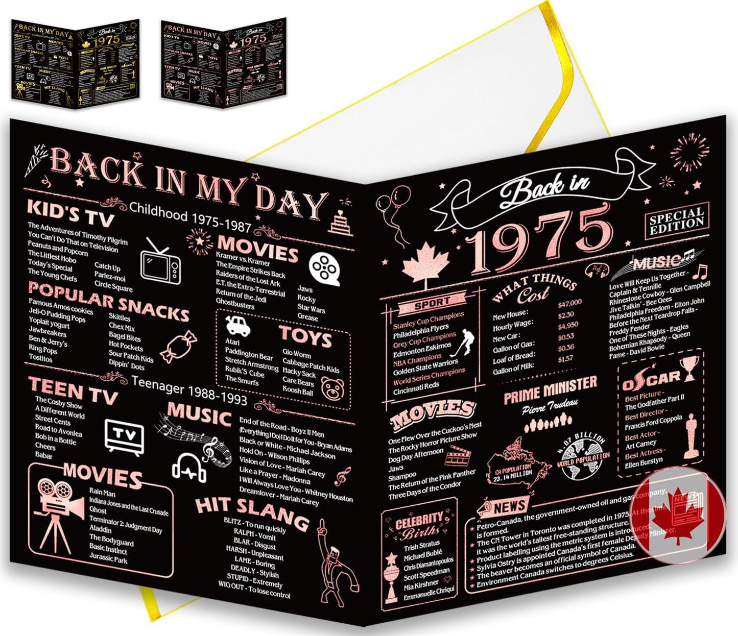 50th Birthday Card, Jumbo CANADA 25x20cm Back in 1975, Gilding Happy 50th Birthday Decoration for Woman, Men, Funny 50 Birthday Gifts for Wife, Husband, Him, Her, Mom