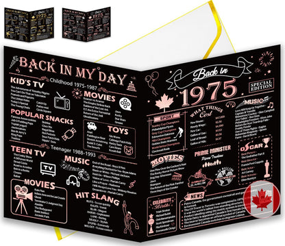 50th Birthday Card, Jumbo CANADA 25x20cm Back in 1975, Gilding Happy 50th Birthday Decoration for Woman, Men, Funny 50 Birthday Gifts for Wife, Husband, Him, Her, Mom