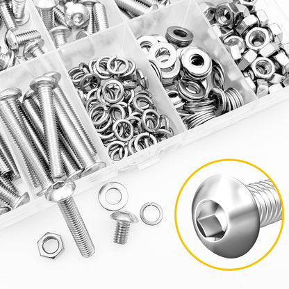 Mywish 900Pcs Metric Screw Assortment, M3 M4 M5 M6 Screw Assortment Kit 304 Stainless Steel Hex Socket Button Head Socket Cap Metric Screws Bolts & Flat Washers/Nuts/Hex Wrenches 16 Sizes 8MM to 20MM