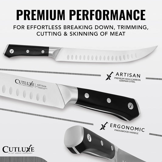 Cutluxe Butcher Knife – 10″ Cimeter Breaking Knife, Razor Sharp Forged High Carbon German Steel, Full Tang Carving Knife, Ergonomic Handle Design – Artisan Series