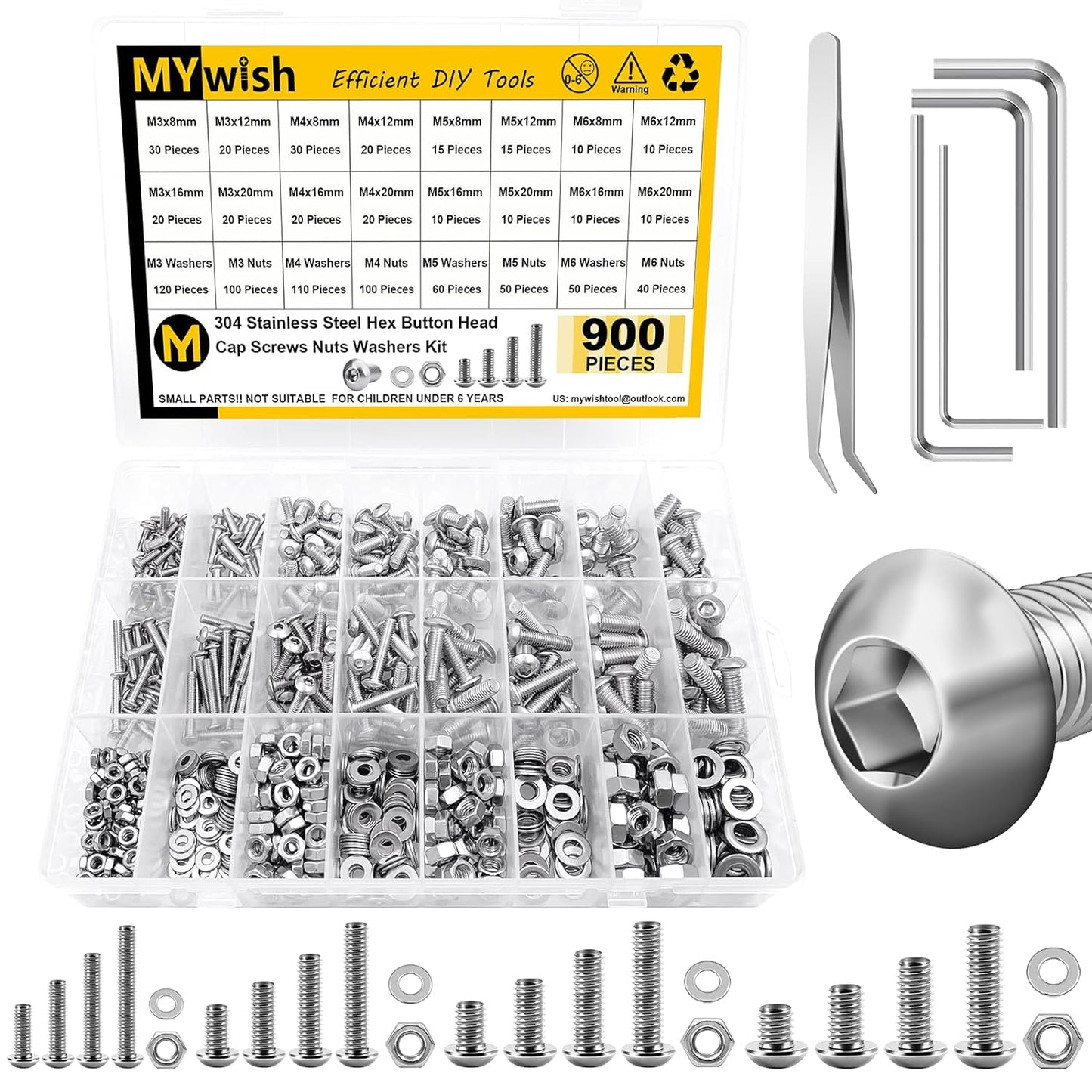 Mywish 900Pcs Metric Screw Assortment, M3 M4 M5 M6 Screw Assortment Kit 304 Stainless Steel Hex Socket Button Head Socket Cap Metric Screws Bolts & Flat Washers/Nuts/Hex Wrenches 16 Sizes 8MM to 20MM