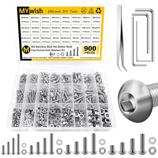 Mywish 900Pcs Metric Screw Assortment, M3 M4 M5 M6 Screw Assortment Kit 304 Stainless Steel Hex Socket Button Head Socket Cap Metric Screws Bolts & Flat Washers/Nuts/Hex Wrenches 16 Sizes 8MM to 20MM