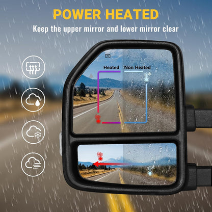 Towing Mirrors for 2021-2026 Ford F150, 2023-2026 F250 F350 F450 Manual Fold, Turn Signal & Running Light Power Adjusted Double Heated Glass Temperature Sensor (White Lens Unpainted Black)
