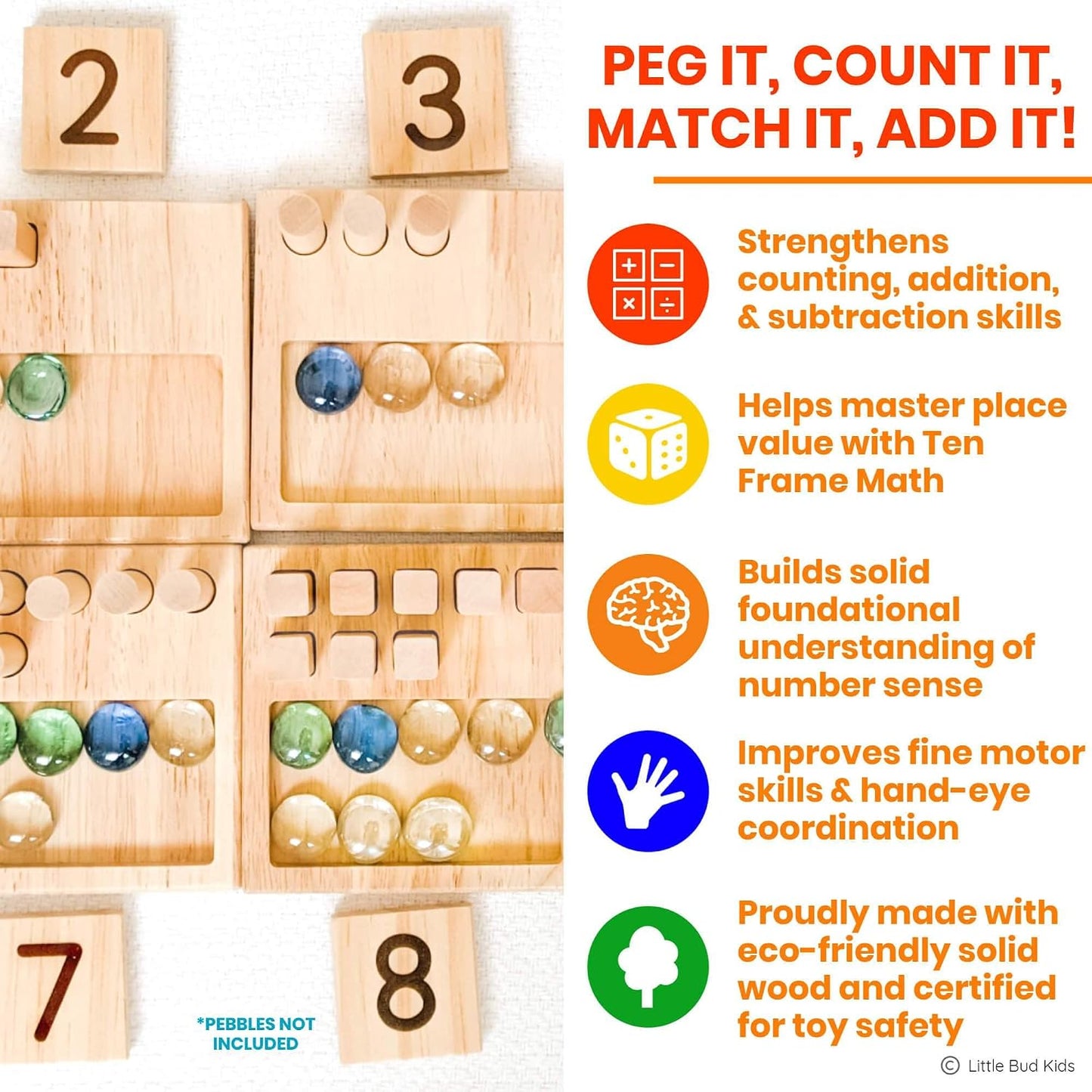 LITTLE BUD KIDS Counting Pegs Ten Frame Math Game - Number Peg Boards with Addition & Subtraction Flash Cards, A Number Learning Resources Toddler Math Puzzle & Kindergarten Montessori Toy