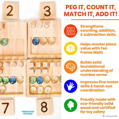 LITTLE BUD KIDS Counting Pegs Ten Frame Math Game - Number Peg Boards with Addition & Subtraction Flash Cards, A Number Learning Resources Toddler Math Puzzle & Kindergarten Montessori Toy