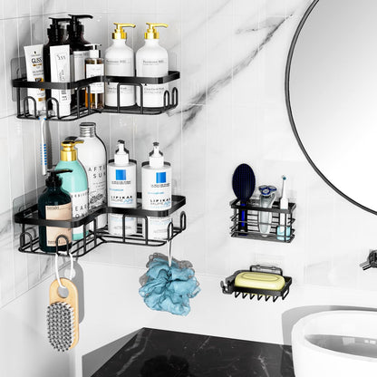 MOFOROCO 3-Pack Shower Caddy Corner Basket Shelf with Soap Holder, No Drilling Traceless Adhesive Shower Wall Shelves, Black Bathroom Shower Storage Organizer（ for 90-Degree Right-Angle Walls）
