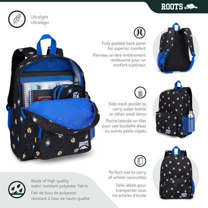 Roots Essential 3-in-1 Matching Water Resistant Kids Backpack and Lunch Bag Set with Bonus Pencil Case - Made From 100% Recycled Fabrics - 22.5 litres, Purple Pink Polka Dot