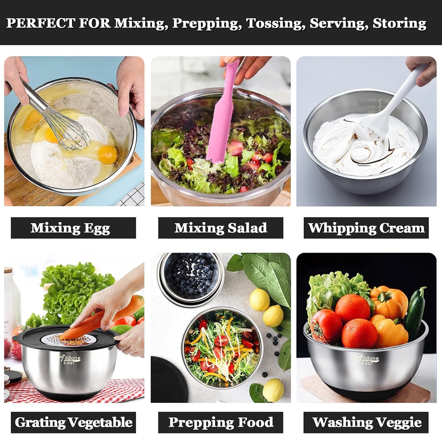 Wildone Mixing Bowls with Airtight Lids, 22 PCS Stainless Steel Nesting Bowls, with 3 Grater Attachments, Scale Marks & Non-Slip Bottom, Size 5, 4, 3, 2,1.5, 0.63QT, Ideal for Mixing & Prepping