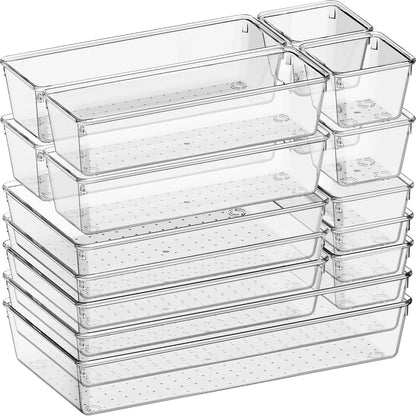 Criusia Large Drawer Organizer Bins 26 Pack | Complete 5 Size Clear Plastic Kitchen Drawer Organizers for Utensils | Bathroom Drawer Organizer Trays | Versatile for Makeup Office Organization