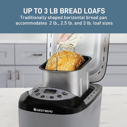 West Bend 47413 Hi-Rise Bread Maker Programmable Horizontal Dual Blade with 12 Programs Including Gluten Free, 3-Pound, Gray