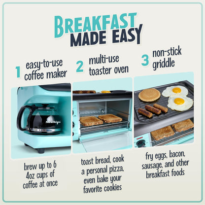 Nostalgia Retro 3-in-1 Family Size Electric Breakfast Station, Non Stick Die Cast Grill/Griddle, 4 Slice Toaster Oven, Coffee Maker, Aqua