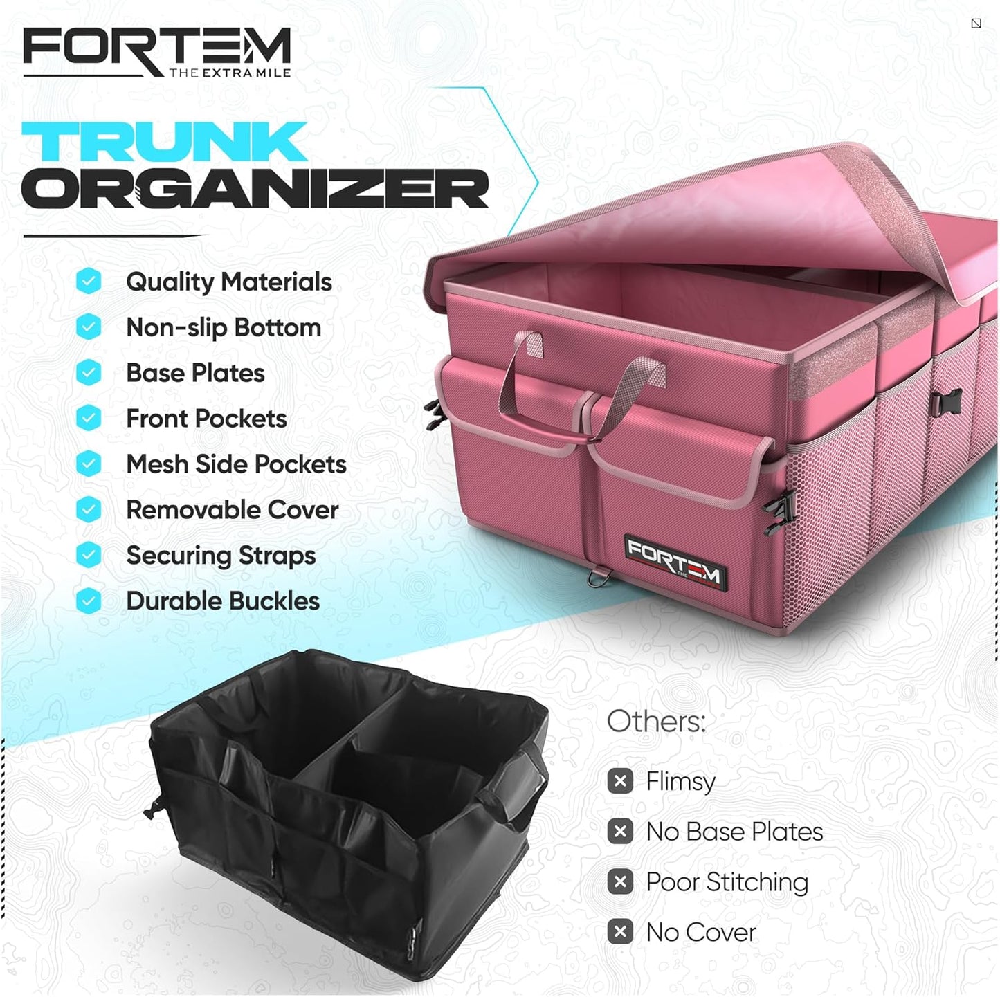 FORTEM Car Trunk Organizer, Collapsible Multi Compartment Car Organizer, Foldable SUV Storage for Car Accessories for Women Men, Non Slip Bottom, Securing Straps, Soft Cover 50L (Black, Standard)