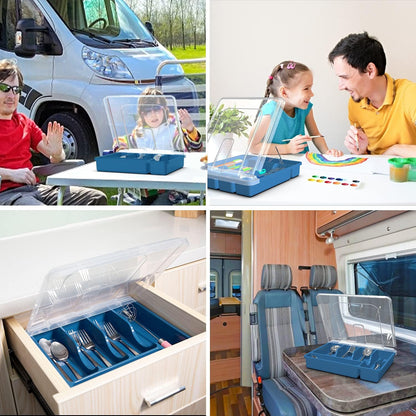 Silverware Tray with Lid, Utensil Drawer Organizer for Kitchen Countertop Plastic Flatware Organizers and Storage holder 5 Compartments,Blue