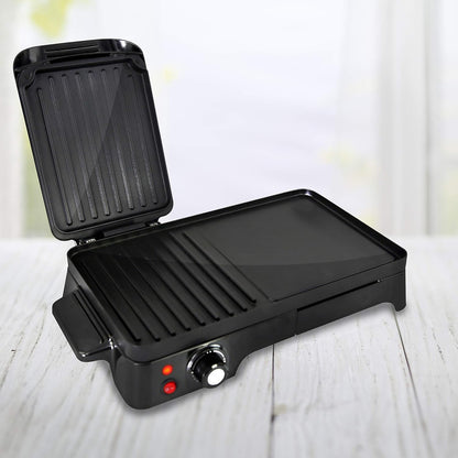 NutriChef Electric Griddle - Dual Hot Plate Cooktop Crepe Maker with Press Grill, Nonstick Coating, Rotary Temperature Control, Plug-in Operation & Oil Tray for Kitchen & Countertop (PKGRIL43)