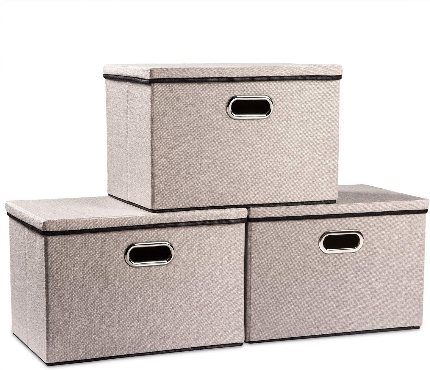PRANDOM Large Foldable Storage Bin with Lid [1-Pack] Linen Fabric Decorative Storage Box Organizer Containers Basket Cube with Handles Divider for Bedroom Closet Office Living Room (17.7x11.8x11.8")