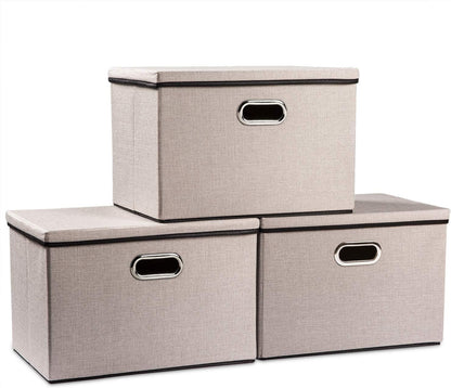 PRANDOM Large Foldable Storage Bin with Lid [1-Pack] Linen Fabric Decorative Storage Box Organizer Containers Basket Cube with Handles Divider for Bedroom Closet Office Living Room (17.7x11.8x11.8")