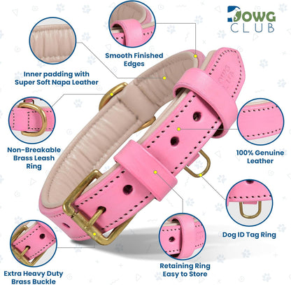DowgClub | Genuine Leather Dog Collar | Full Grain, Heavy Duty | Comfortable, Strong | Best for Pups, Small, Medium & Large Breeds | Pink, Brown, Black, Tan
