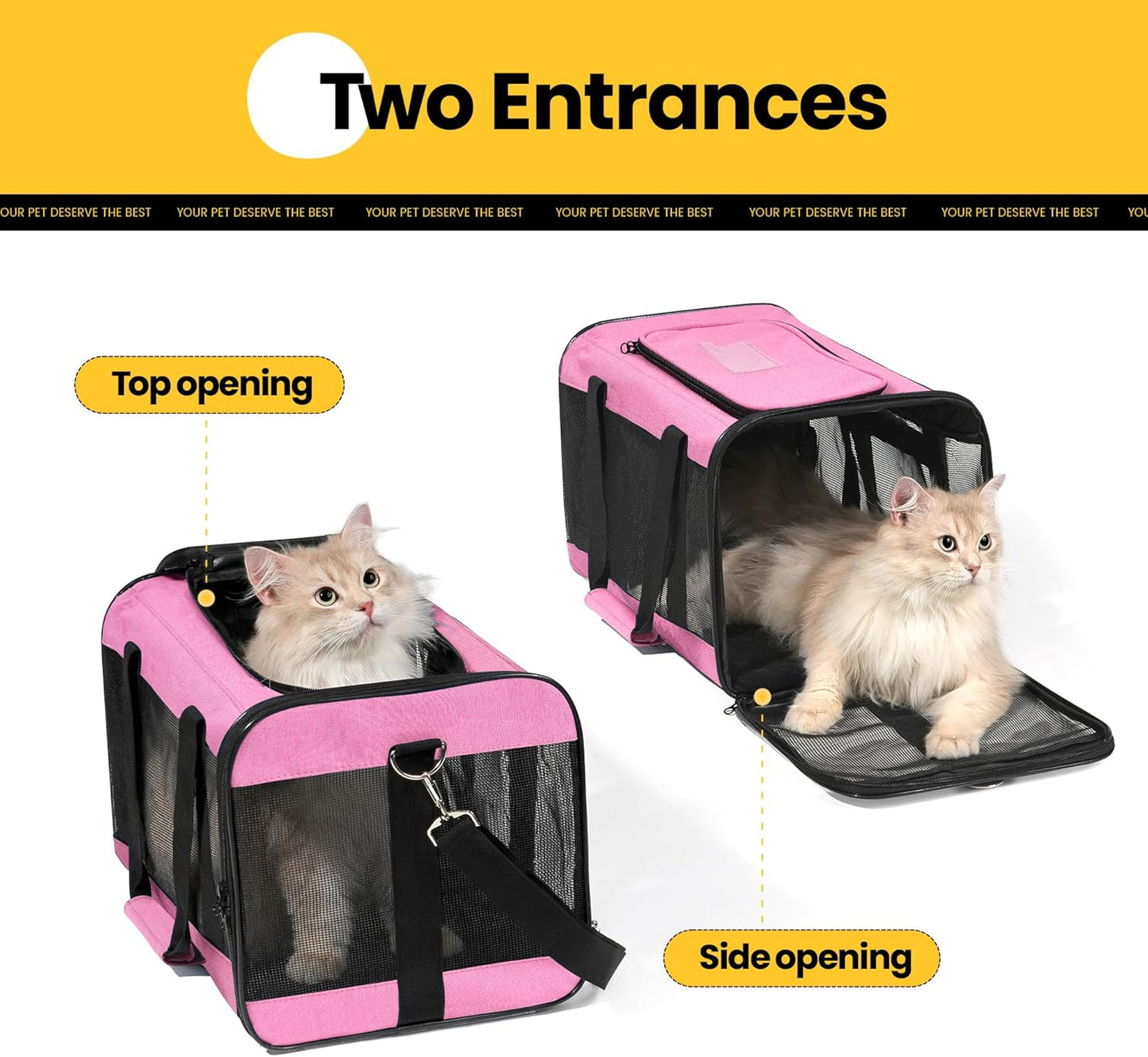 Conlun Cat Carrier Airline Approved, Soft-Sided Dog Carrier with Inner Safety Leash, Pet Transport Carrier for Small-Medium Cats Puppies up to 15 Lbs, Collapsible Travel Kitten Carrier Bag -Black M