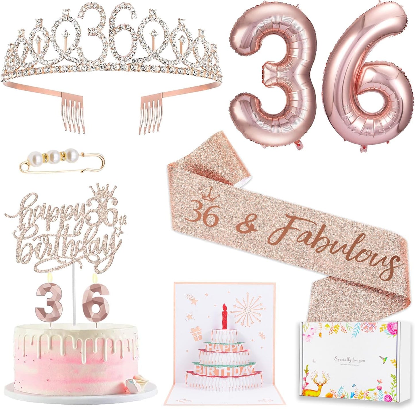 8pcs 40th Birthday Decorations gifts for Women, Including 40th Happy Birthday Cake Topper, Queen Sash with Pearl Pin, Sweet Rhinestone Tiara Crown for Women, Number Candles and Balloons (Rose Gold)