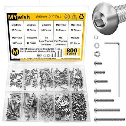 Mywish 900Pcs Metric Screw Assortment, M3 M4 M5 M6 Screw Assortment Kit 304 Stainless Steel Hex Socket Button Head Socket Cap Metric Screws Bolts & Flat Washers/Nuts/Hex Wrenches 16 Sizes 8MM to 20MM