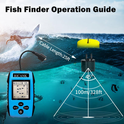 RICANK Portable Fish Finder, Handheld Fish Depth Finder Contour Readout Fishfinder Ice Kayak Shore Boat Fishing Fish Detector Device with Sonar Sensor Transducer and LCD Display Gear Fish Depth Finder