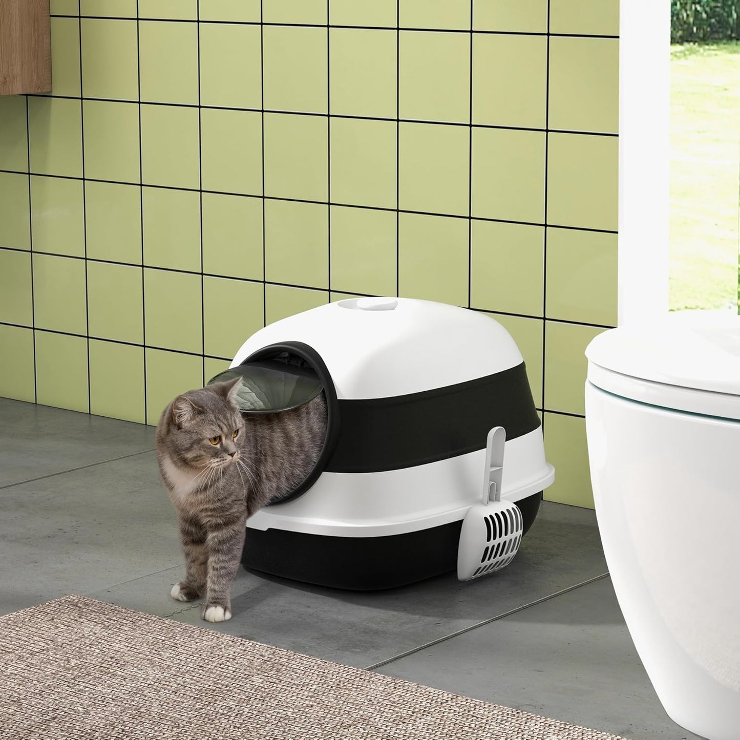 PawHut Foldable Large Cat Litter Box with Lid, Covered Kitten Litter Box w/Automatic Cat Litter-Proof Sides, Deodorization, Easy to Clean, White and Grey