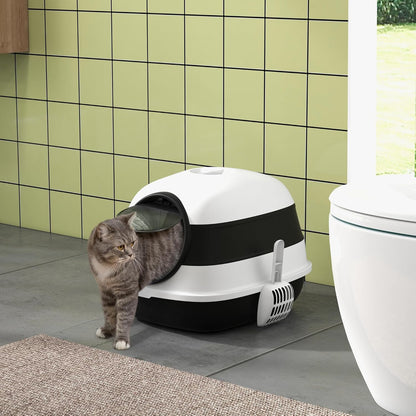PawHut Foldable Large Cat Litter Box with Lid, Covered Kitten Litter Box w/Automatic Cat Litter-Proof Sides, Deodorization, Easy to Clean, White and Grey
