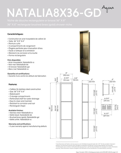 Agua Canada Shower Niche 12”x 12” Single Shelf Organizer Best Modern in Wall Bathroom Accessory for Shower or Tub Storage Insert Holds Soap Bottles Toiletries (GOLD) NICOLA12X12-GD